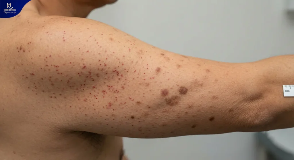 bé bị nổi mẩn đỏ không ngứa, người nổi đốm đỏ, nổi đốm đỏ trên da không ngứa, nổi những mảng đỏ trên da, da xuất hiện đốm đỏ