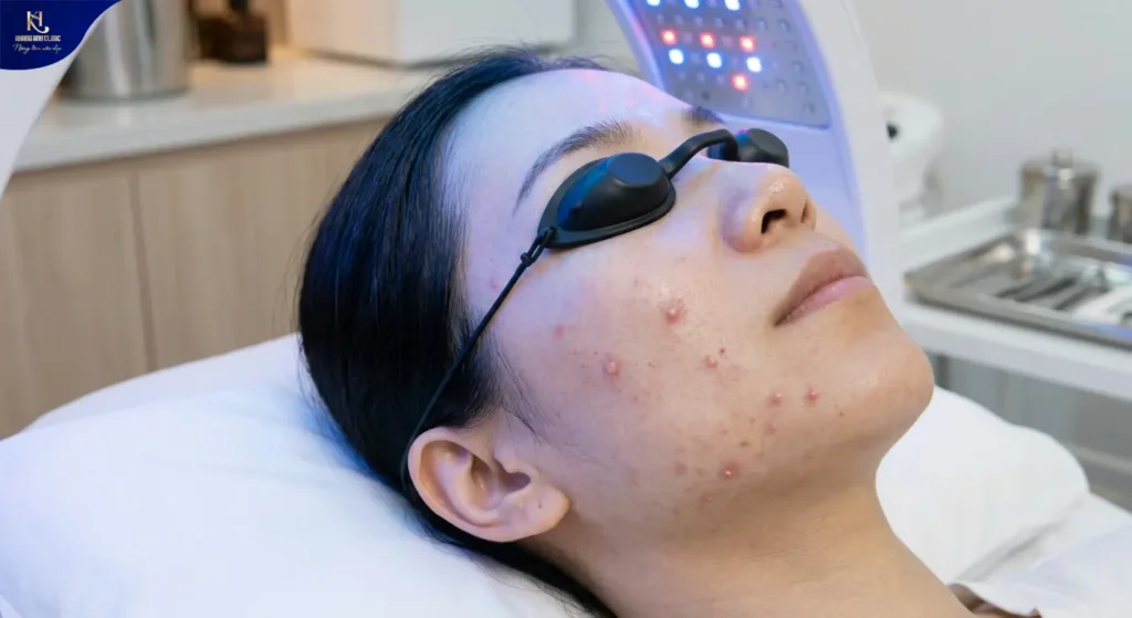 điều trị mụn trứng cá bằng chiếu đèn led, chiếu ánh sáng xanh trị mụn, LED light therapy